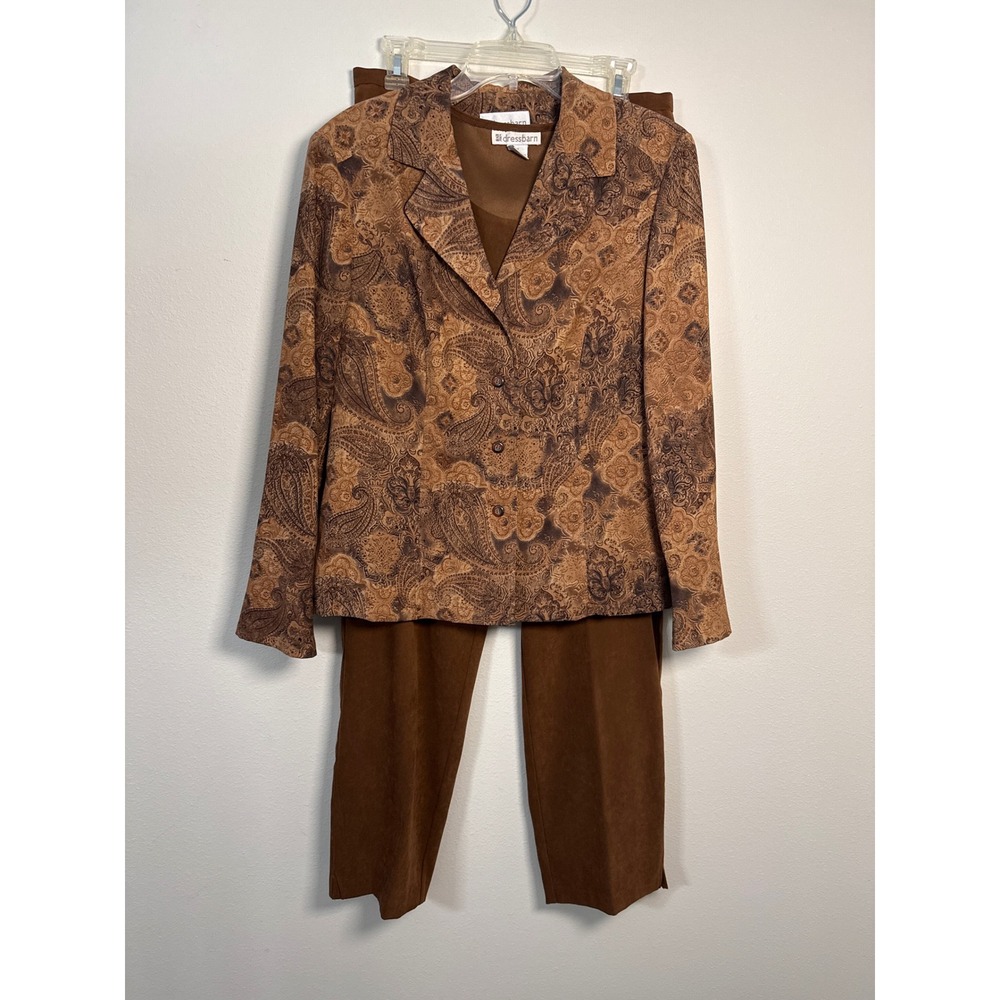 Dressbarn 3 pc Pantsuit Set Blazer Tank Pants Women's 12 Brown Paisley Retro Y2K